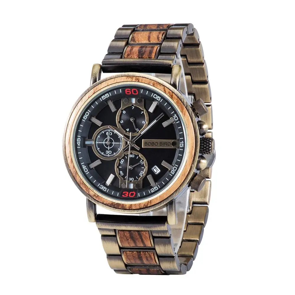 W-T07-2 Zebra wood Relogio Masculino BOBO BIRD деревянные часы лучший бренд класса люкс Хронограф военные мужские часы в деревянной коробке reloj hombre дропшиппинг - Цвет: W-T07-2 Zebra wood
