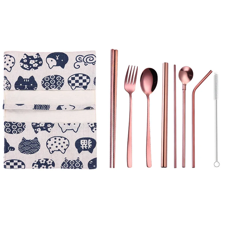 rosegold 2019new Корейская посуда 9 шт набор столовых приборов из нержавеющей стали палочки вилка ложка соломенная ложка и сумка для путешествий набор столовых приборов - Цвет: rosegold