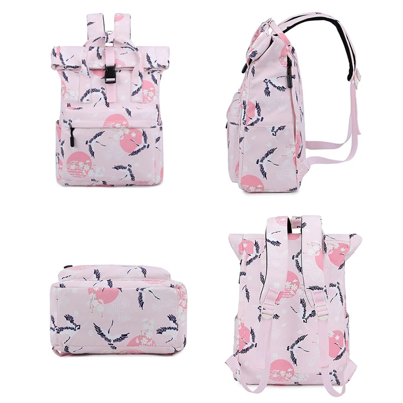 

Fresh Crane Print Casual Backpack Girl Middle High School Student SchoolBag Large Capacity Waterproof Anti Theft Travel Backpack