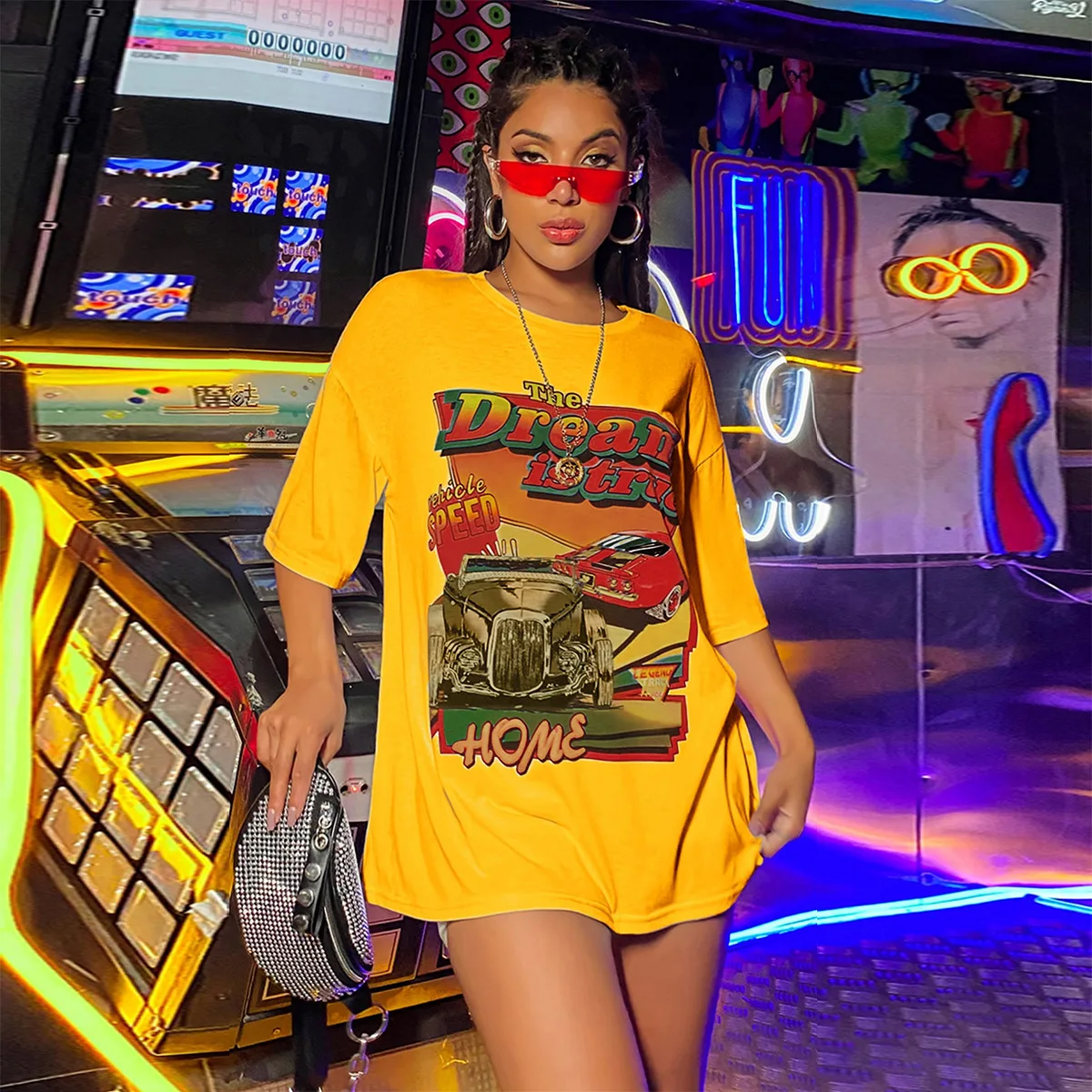 

Women T-shirt Streetwear Y2K 2021 Summer Car Print Harajuku Short Sleeve Female Tops Pulovers Oversized Tee Graphic TShirts