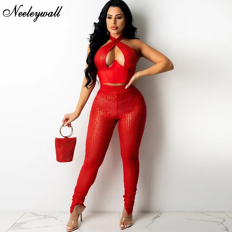 

Neeleywall Glitter Backless Sequins Corest Crop Top And Legging Set 2 Piece Outfits Glam Zippers Matching Set Birthday Outfits