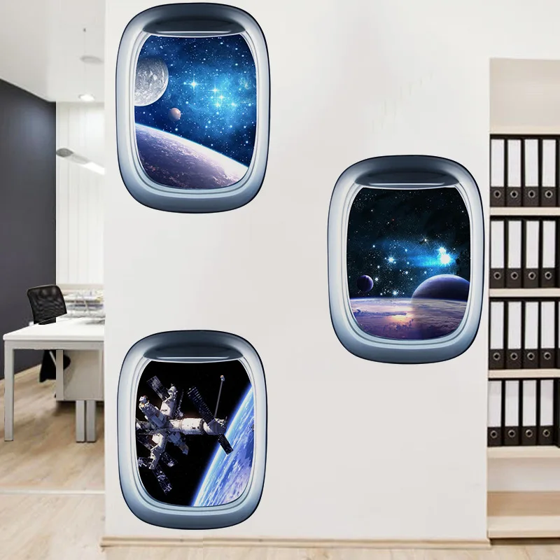 

3D Starry Sky Planets Spaceship Fake Window Living Room Bedroom Wall Stickers Decorative Painting Home Decoration Accessories