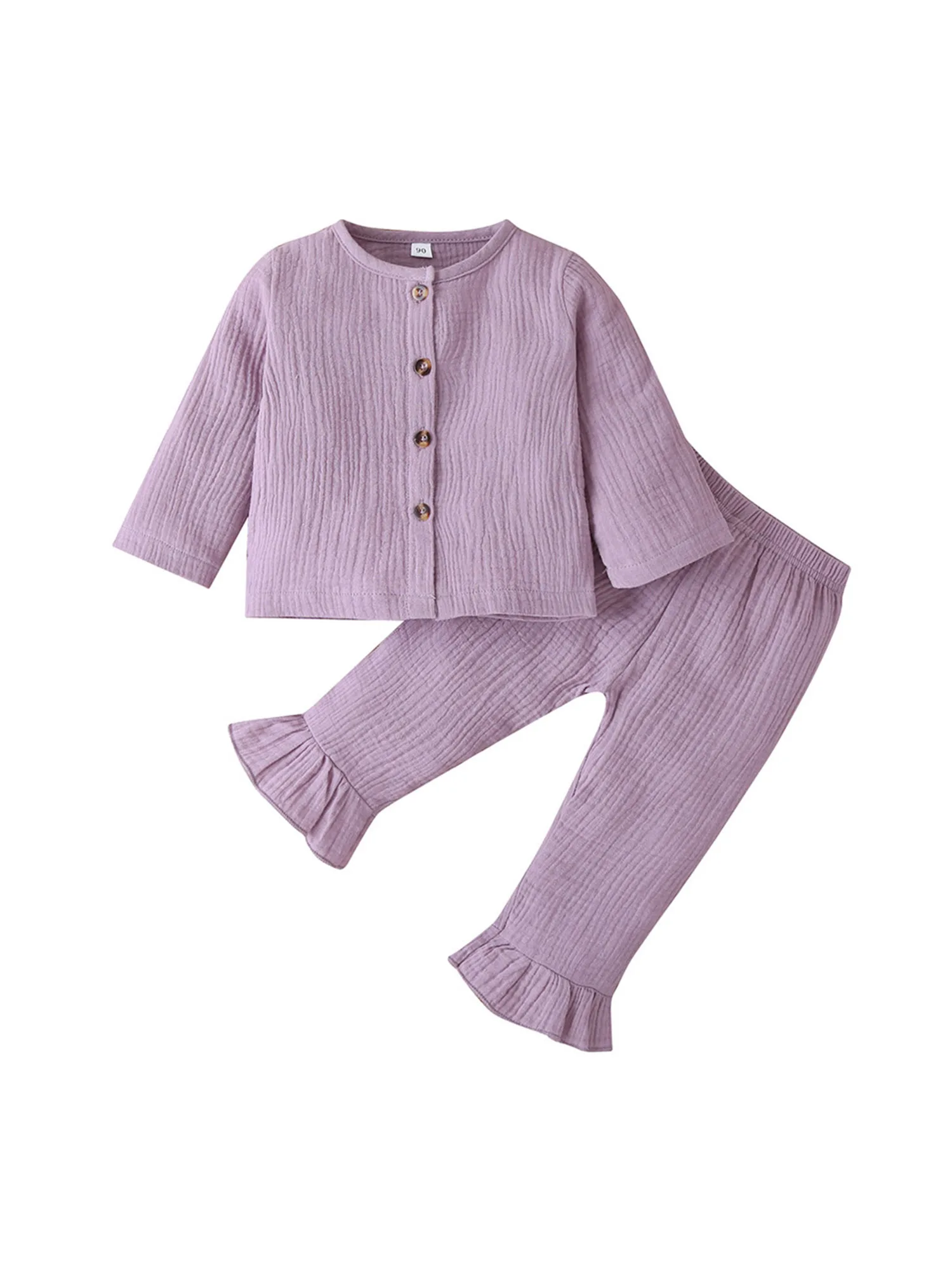 

2 Pcs Infant Solid Color Outfits, Toddler Long Sleeve Round Neck Cardigan Ruffle Trousers