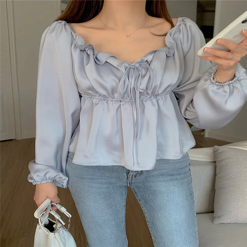 

Summer Korean Style Gentle Age-reducing Wood Ears Lace Lantern Sleeves Elastic Waist Slimming Long-sleeved Shirt