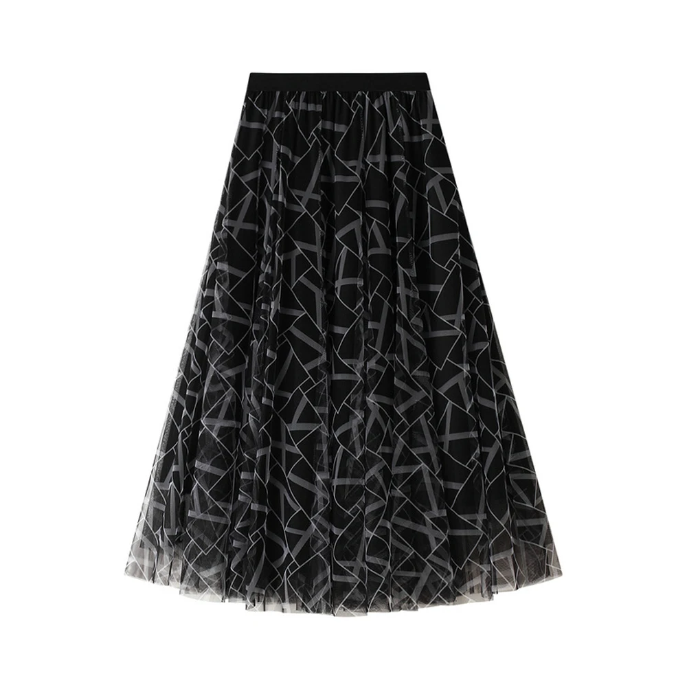

2021 Korean Fashion Long Skirt VD1810 Geometry Printed Women Summer High Waist Black Mesh Tulle Skirt
