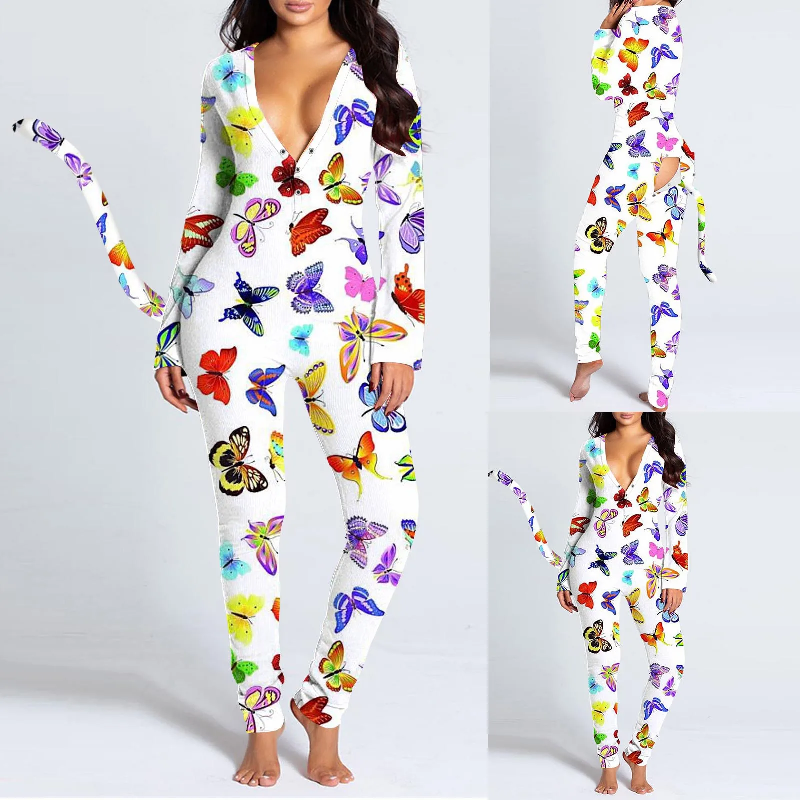 

Fashion Butterfly Print Functional Button Flap Jumpsuit Women Nightwear With a Funny Tail Bodysuit Valentine's Day Playsuit A50