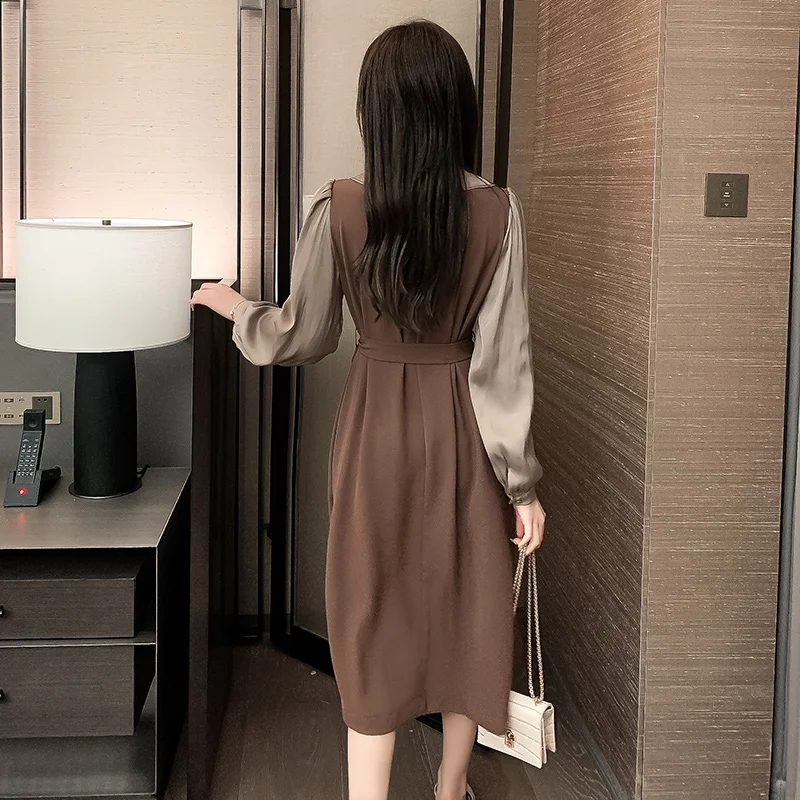 

2020 New Vintage Solid Women Office Dress Autumn Double Breasted Button Sexy Dress Long Sleeve Female Party Dress Elegant Dress