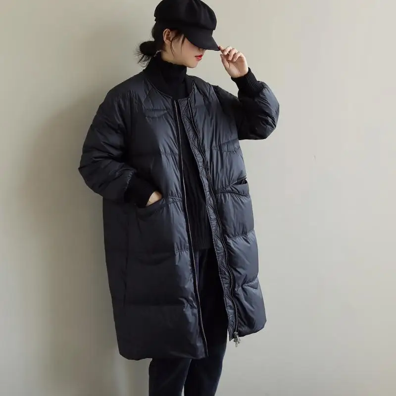 2021 new down jacket women's long high-grade thickened white duck down loose large size light warm comforter coat with no hat