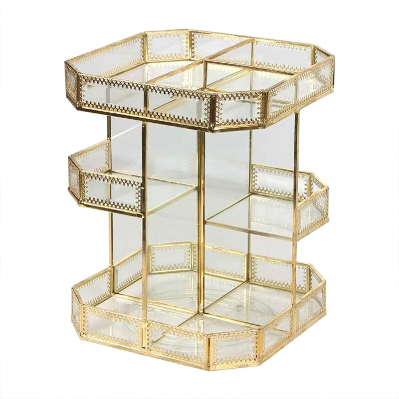 

360 Degree Rotating Antique Countertop Glass Beauty Display Makeup Storage Organizer for Home Decoration