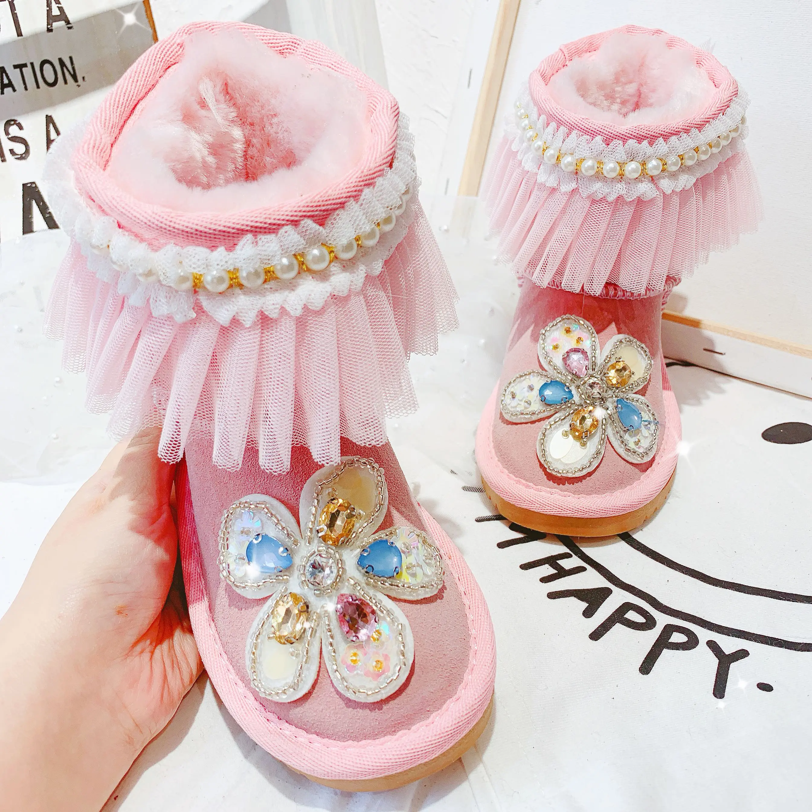 

Disney adult female cartoon bowknot tassel sequin pearl handmade cotton boots plus velvet warm cotton shoes princess short boots