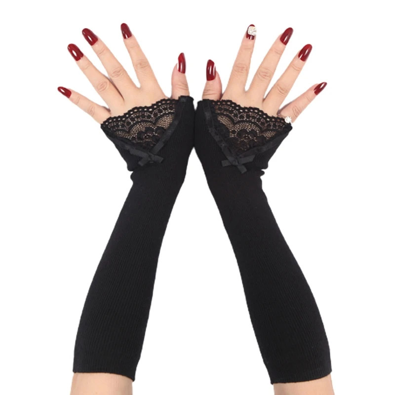 

Women Winter Ribbed Knit Arm Warmers Sleeves Lace Bowknot Long Fingerless Gloves N58F