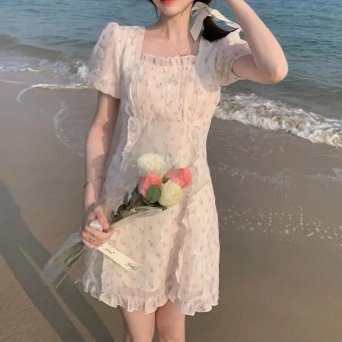 

Fashion Chic French Elegant Floral Mini Dress Female Korean Summer Y2k Casual Puff Sleeve Retro Sweet Beach Princess Dress 2021