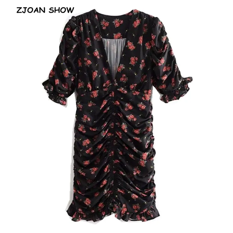 2019 сексуальное черное красное летнее платье с цветочным принтом оборками и