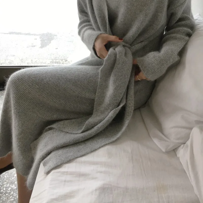 Новинка корейское кашемировое платье-свитер с поясом женское модное вязаное