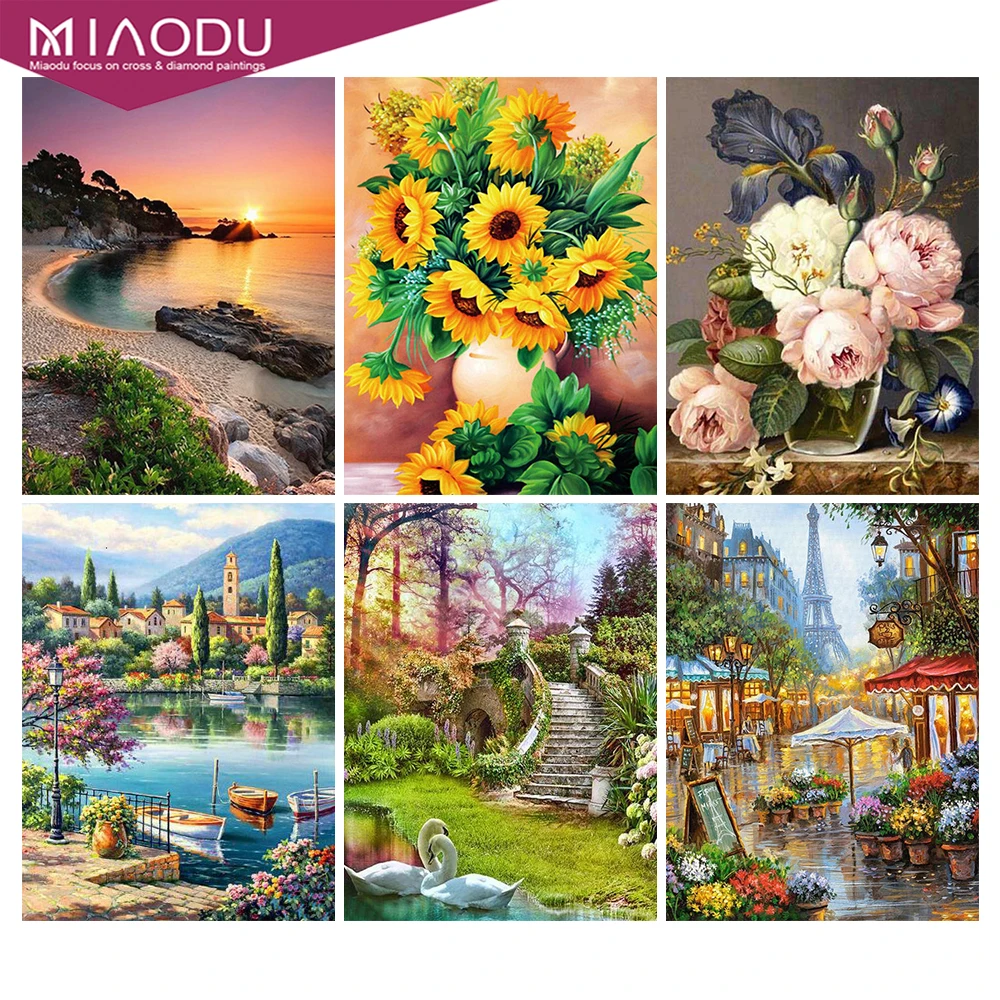 

Miaodu 5D Diamond Painting Landscape Handicraft Flower Mosaic Diamond Embroidery Seaside Sunset Art Rhinestone Home Decor