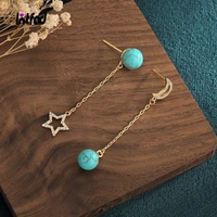 shining star moon asymmetrically inlaid with turquoise tassels earrings retro style design jewelry gift earrings