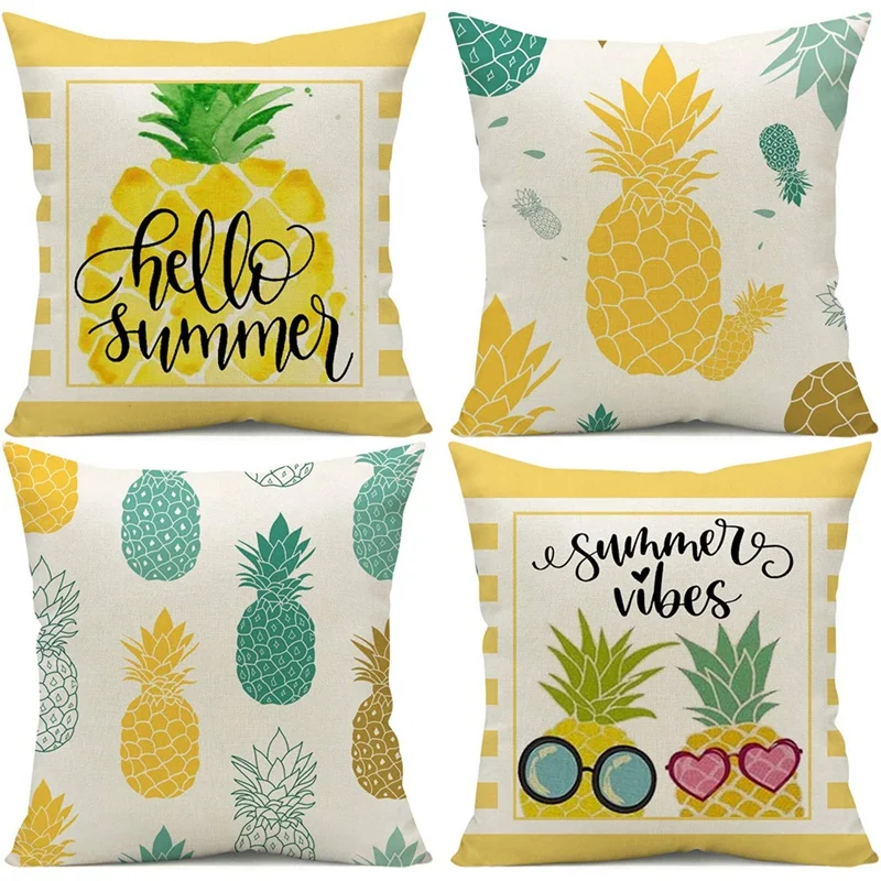 

Summer Pillow Covers 18X18 Set of 4,Throw Farmhouse Pillow Covers Linen Cushion Case Summer Decorations for Home Decor