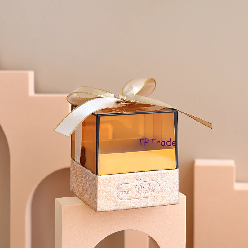 

25Pcs Acrylic Candy Box European Wedding Translucent Companion Gift Box Creative Ribbon Bow Wedding Candy Box Party Customized