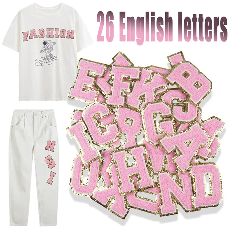 

1pc Pink Towel English letter Patches for Clothes Embroidery Appliques Badges