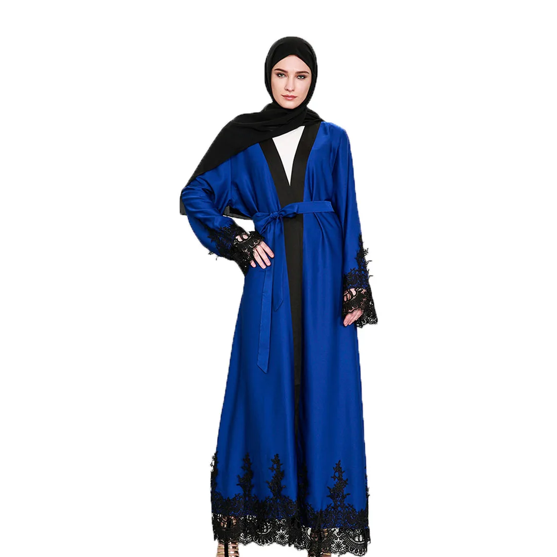 BianFeng женские элегантные мусульманские мода кружева шить абаи свободного кроя Кардиган с длинным рукавом халат платье Цвет синий