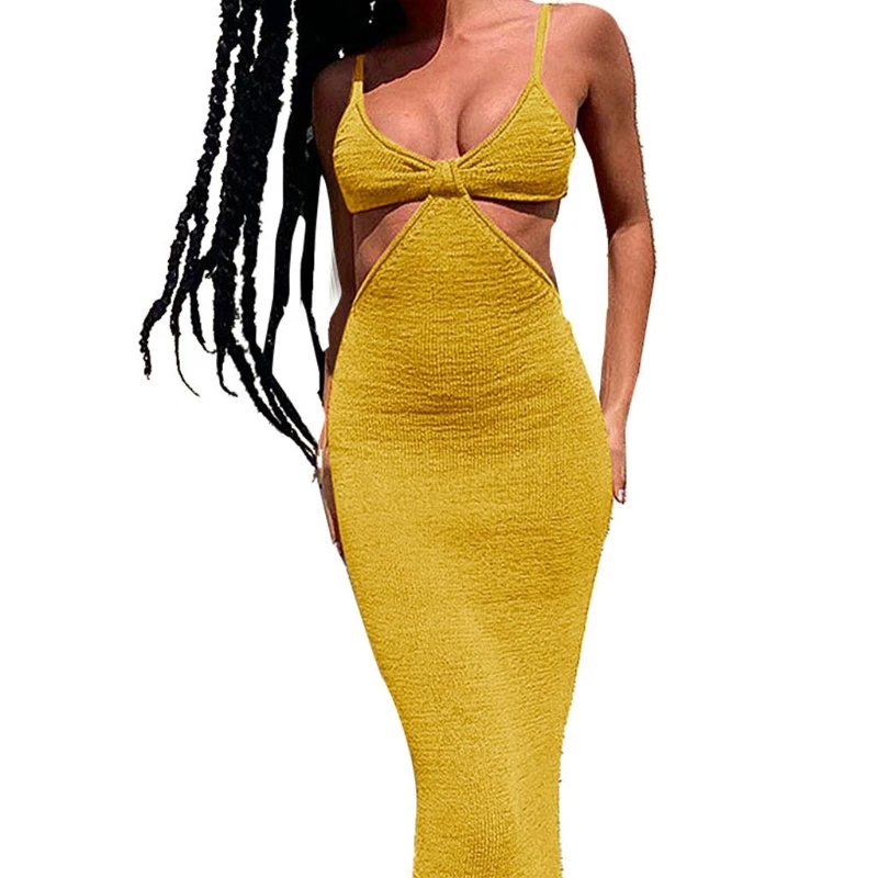 

Women Summer Spaghetti Strap Knitted Bodycon Maxi Dress Sexy V-Neck Knot Front Cutout High Waist Backless Beach Sundress