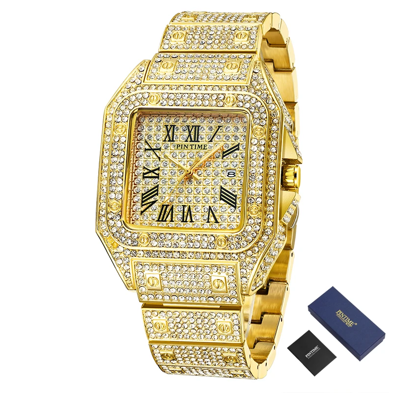 

PINTIME Square Men Watch Hip Hop Luxury Diamond Iced Out Watch Men Calendar Business Quartz Wristwatch Erkek Kol Saati Relojes