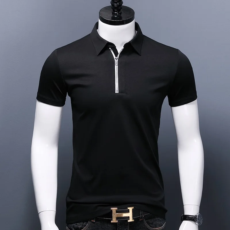 

Рубашка-поло мужская с коротким рукавом, Повседневная модная сорочка с воротником на молнии, однотонная, лето
