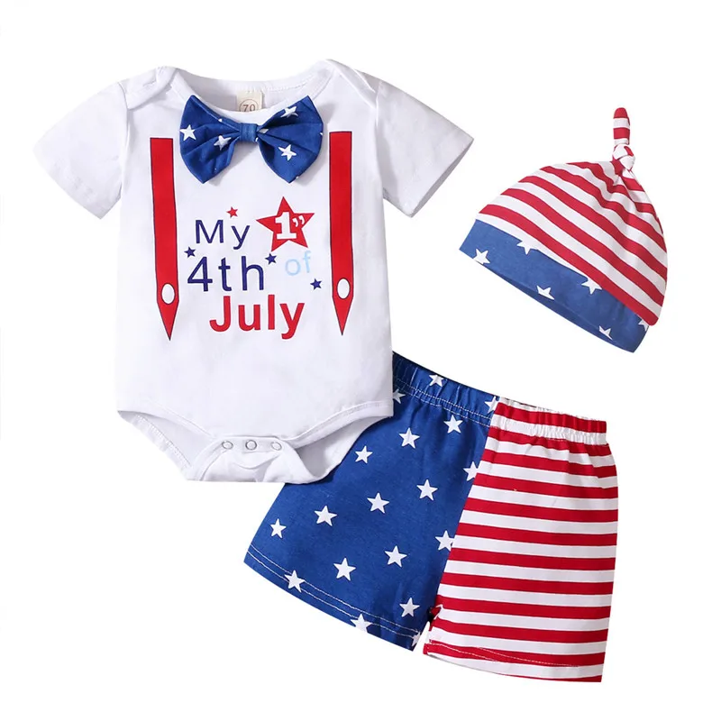 

Baby Independence Day Clothes Set Boys Letter Print Short Sleeve O-neck Romper+Striped Short Pants+Hat Newborn Clothing Suit
