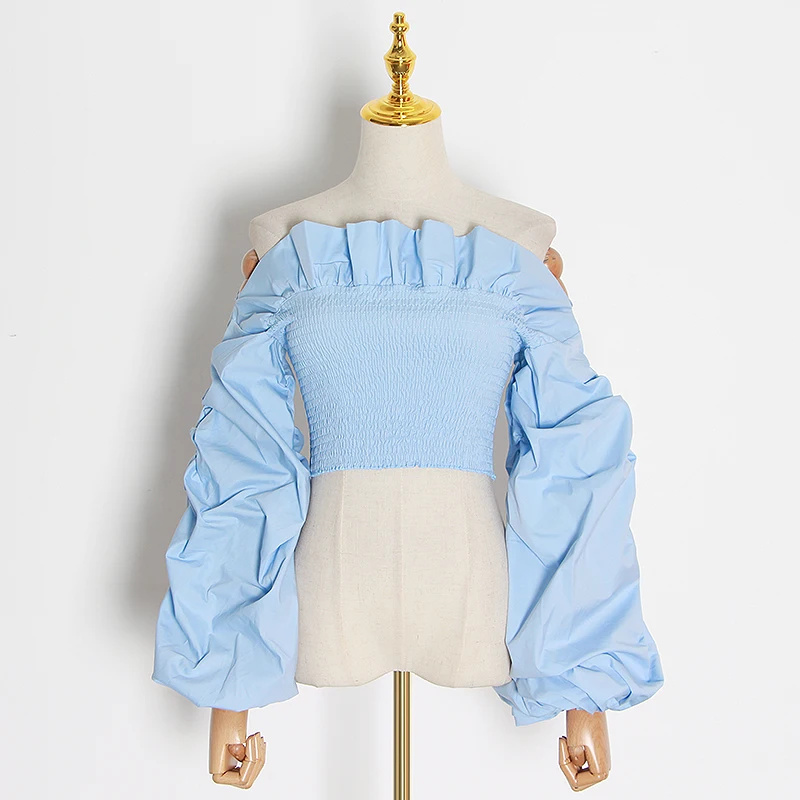 

Ruched Ruffles Blouses Womens Slash Neck Lantern Long Sleeve Slim Short Shirts For Female Fashion Clothes 2020 Tide