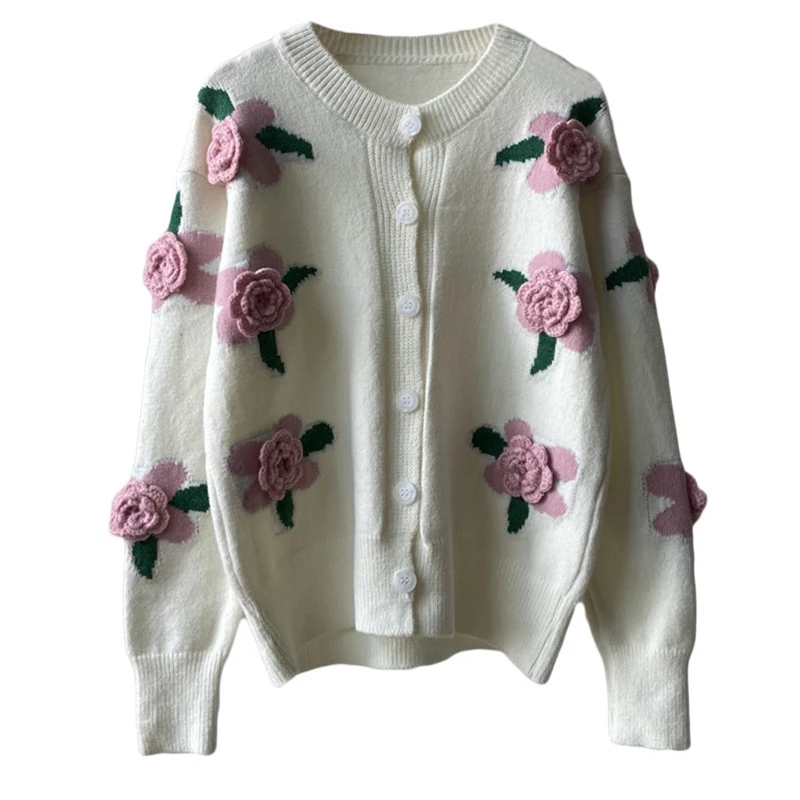 

Женский винтажный кардиган с цветочной вышивкой, белый свитер с длинным рукавом и круглым вырезом, женская одежда, зима 2021