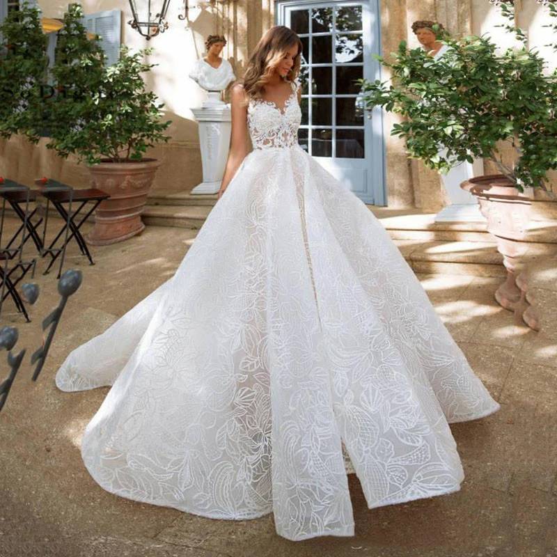 

YILIBER New Simple Wedding Dress Backless Sleeveless Design Chiffon Lace Bride Dresses Princess Dress Plus Size Tailor-made