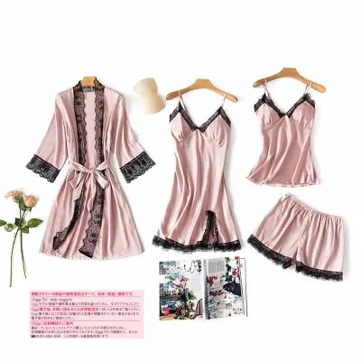 Женская шелковая пижама Daeyard атласная с кружевной отделкой и шорты 4 шт. Пижама