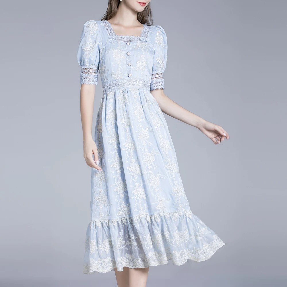 

2021 Summer Embroidered Dress Square Collar Puff Sleeve Slim Mesh Lace Flower Embroidery Party Elegant Midi Vestido De Mujer