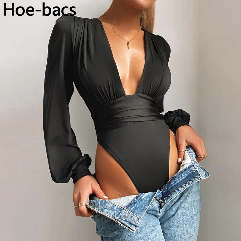 

2021 Sexy Deep V Neck Bodycon Party Bodysuit Women Solid Elastic Long Sleeve Jumpsuit Casual Bodysuit Women Female Body Tops