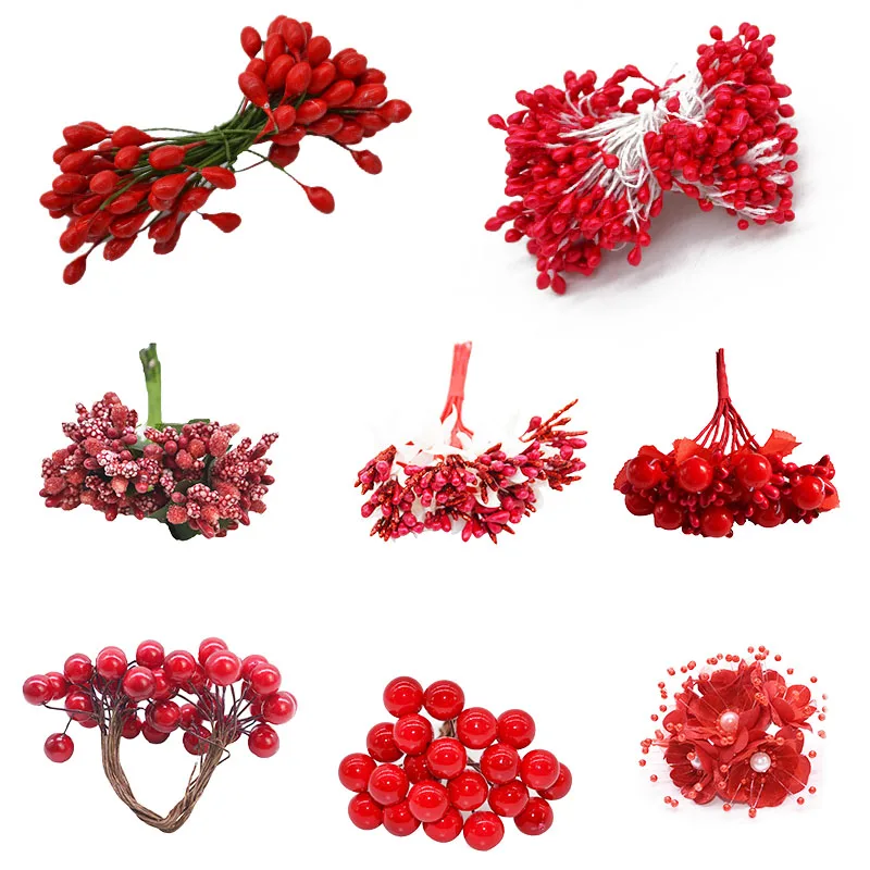 

Handmade Artificial Flower Stamen Christmas Red Flower Cherry Berries Bouquet DIY Wedding Christmas Wreath Craft Gift Decoration