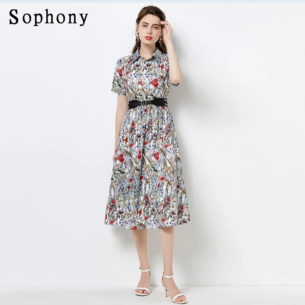 

Summer runway dress Women Floral Print Midi Casual Dress Fashion France Chic Vintage Button Up A Line Dress with Belt 5125
