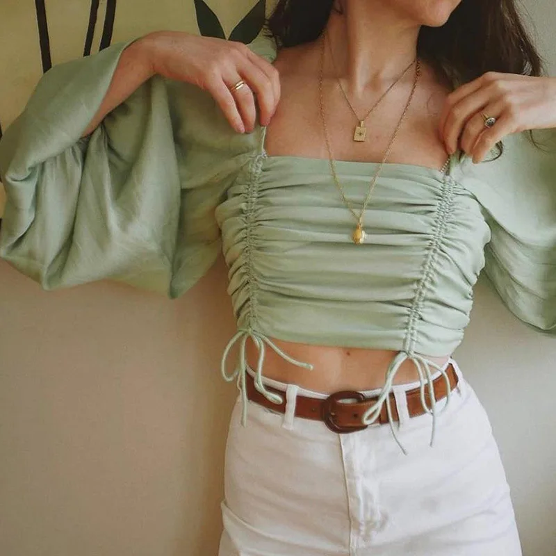 

Summer Short Square Collar Women Pleated Adjustable Drawstring Tops Vintage Puff Sleeve Casual Solid T Shirt 2020 New Tees