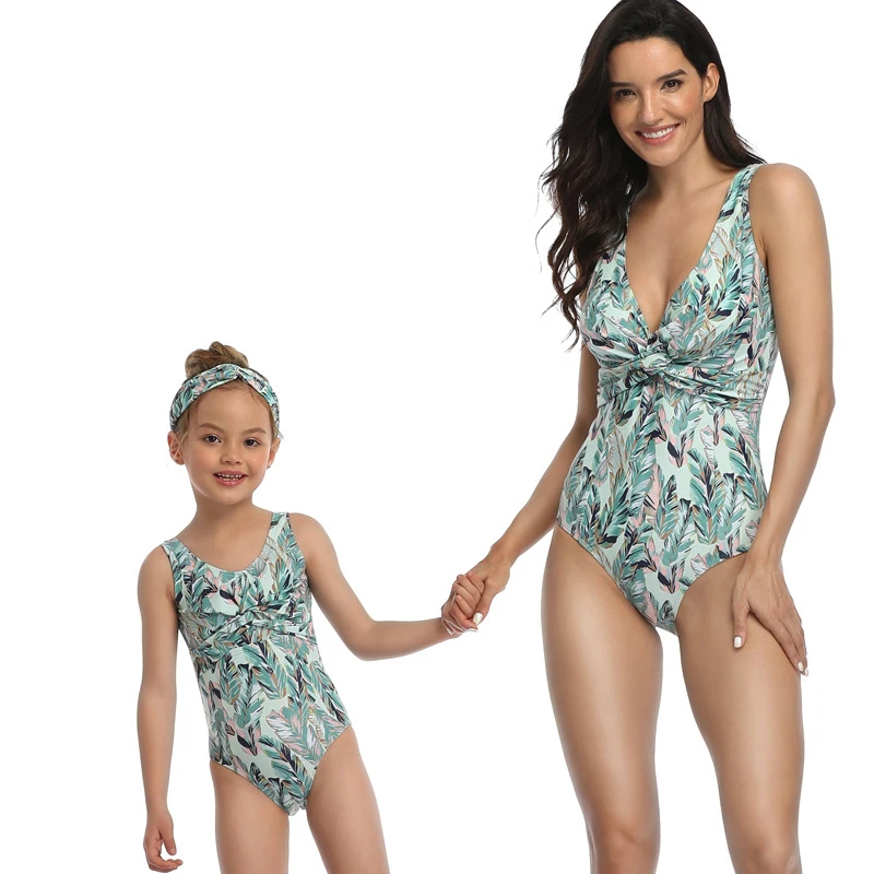 

Beachwear 2021 Women Swimsuit Bikini Set Leaf Swim Suit Matching Family Girls Swimwear Two Piece Bathing Suits 2 Pc Kaftan Beach