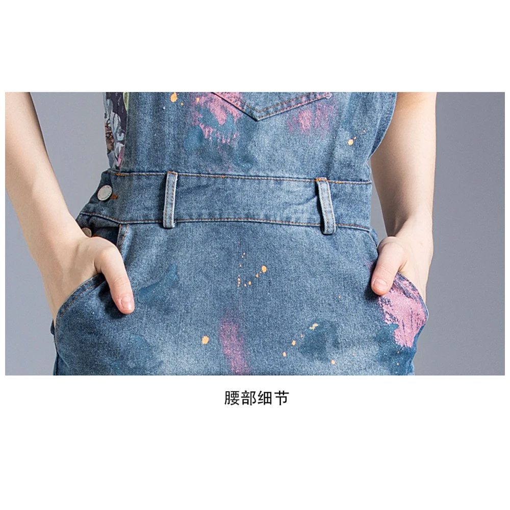 

Simgent Denim Suit Women Fashion Lace Flower T-shirt +Graffiti Hole Strap Jeans Dress Mini Casual Two Piece Set Women SG06111
