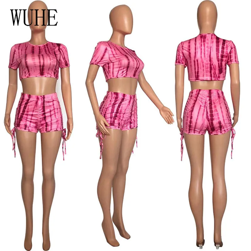 

WUHE Casual Streetwear 2 Piece Sets Print Short Sleeve O Neck Crop Top Lace Up Slim Pants Sports Fitness Club Party Outfits