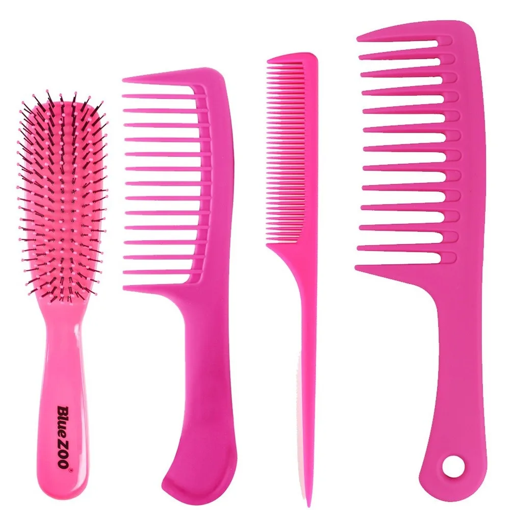 

4-piece 3-color Purple Rose Red Sea Blue ABS Straight Handle Wide Teeth Pointed Tail Curling Comb Heat Resistant Beauty Comb