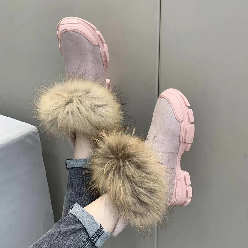

Fox Fur Snow Boots Women Round Toe Pink Green Real Leather Wool Fur Ankle Boots Female Winter Short Boots