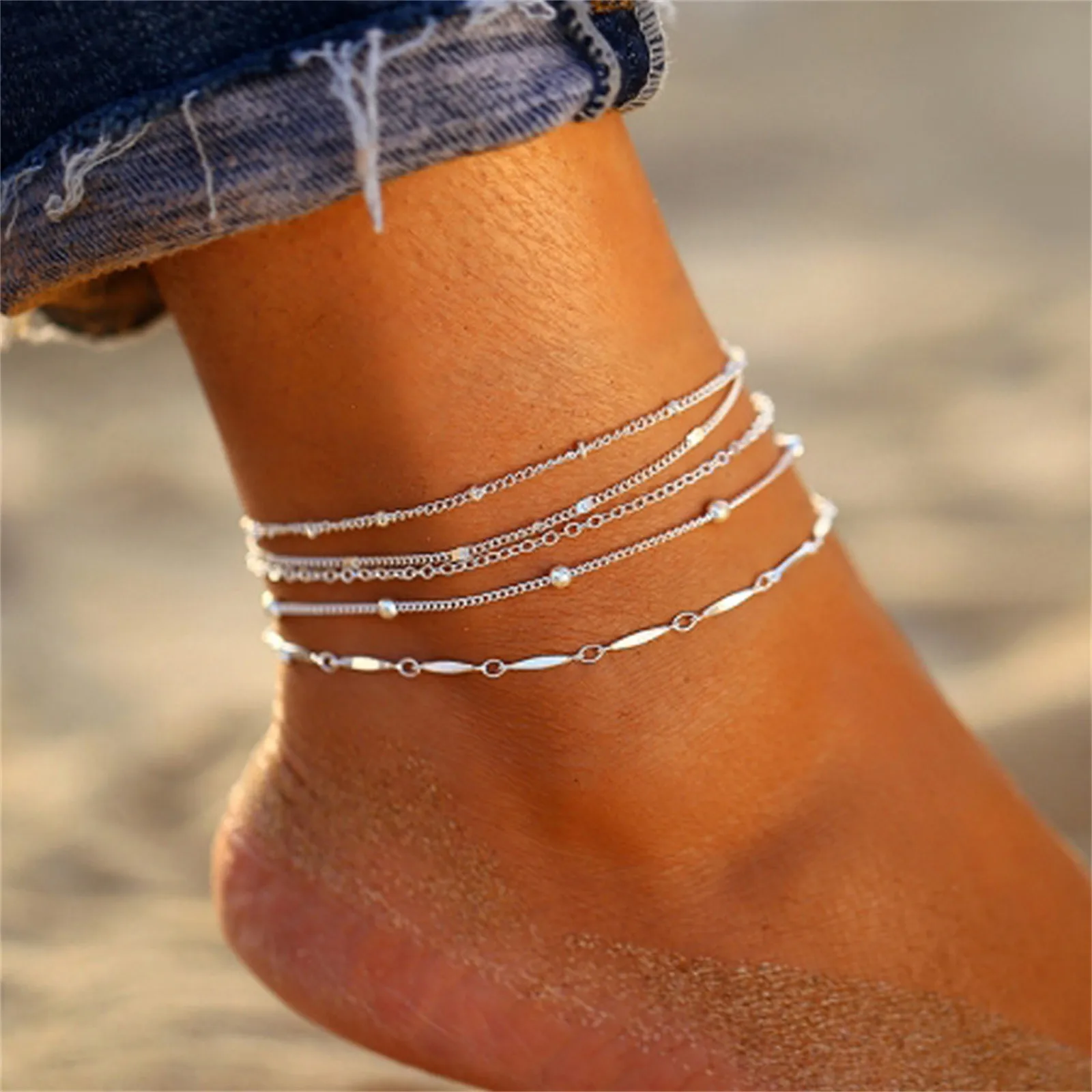 Women's 5pcs Ankle Bracelet Beach Adjustable Chain Anklet Foot Jewelry Summer Anklets On Five-layer Fashion Ank | Украшения и