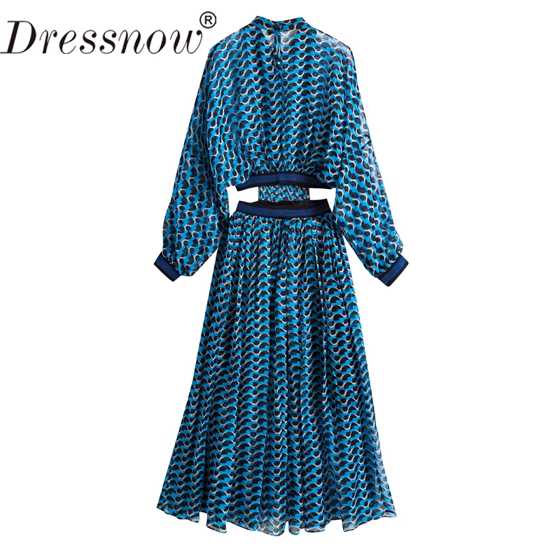 Dressnow, женское дизайнерское макси платье, для девушек, 3/4 рукав, геометрический принт, талия, с отверстиями, для праздника, повседневное, длинное, шифоновое