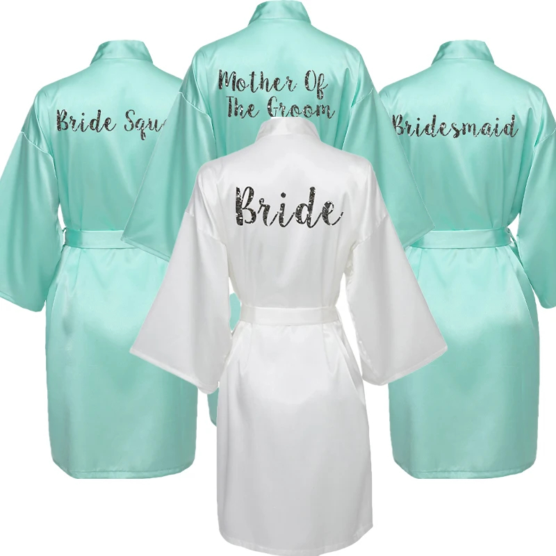 

satin silk robes for women Wedding Bride Dressing Gown robe Bridesmaid mint color with glitter silver letter print robe