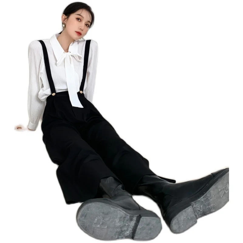 

LANMREM 2021 Autumn New All-match High Waist Straight Overalls Black Color Elegant Long Detachable Chic Pants For Women 2A3007