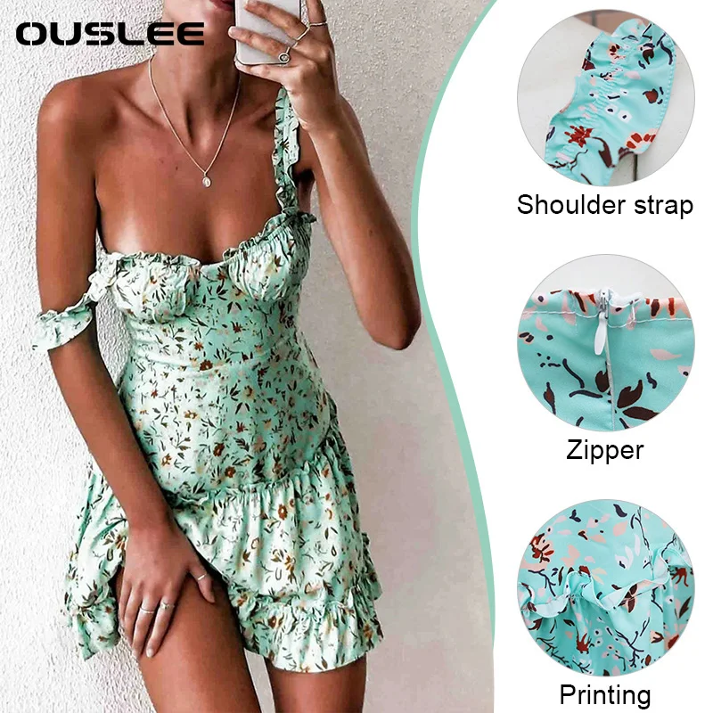 

OUSLEE Boho Dress Women Spaghetti Strap Floral Dresses Female Summer Ruched Ruffles Mini Dress Flowers Strapless A-Line Sundress