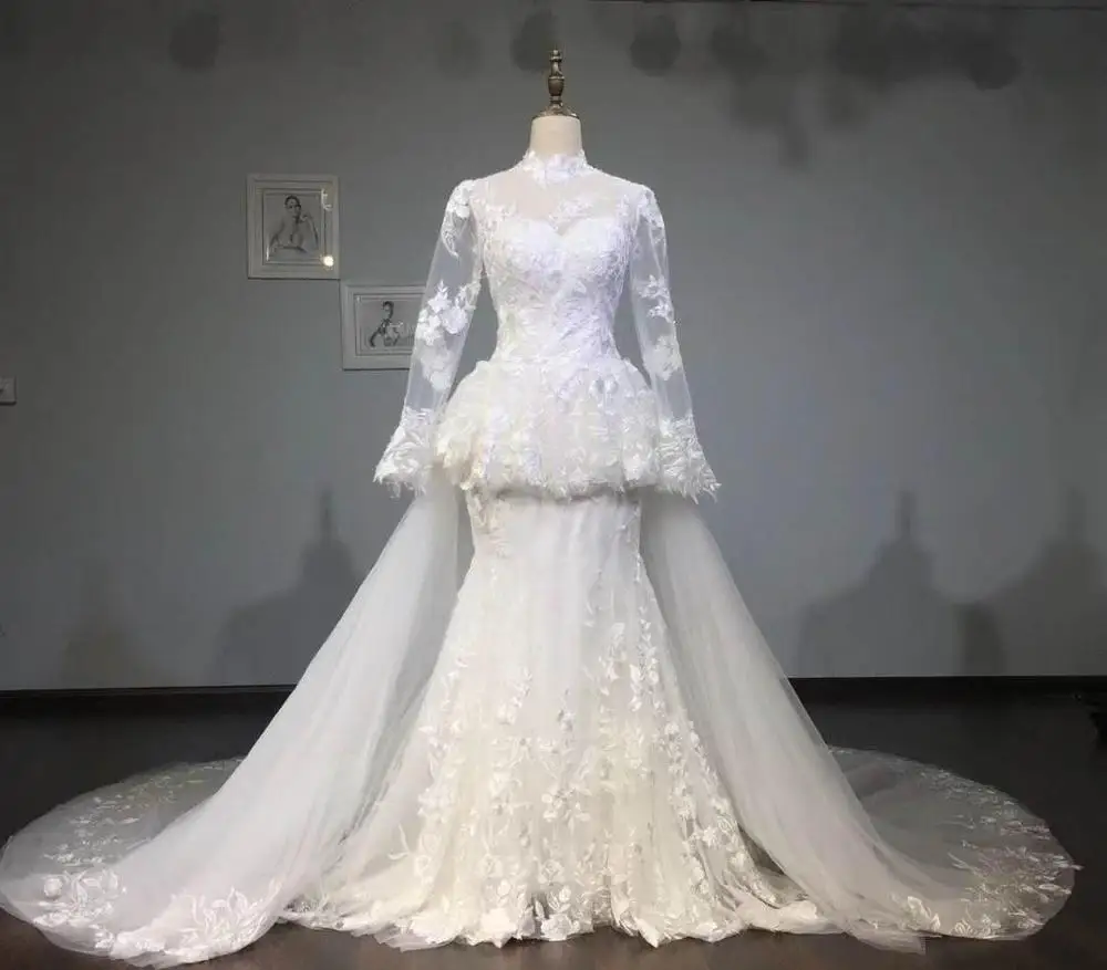 

Винтажные Свадебные платья Русалка с длинным рукавом и высоким горлом, фатиновые кружевные свадебные платья с коротким шлейфом для женщин, ...