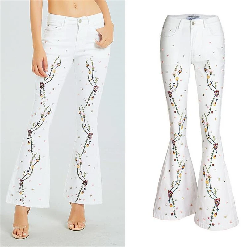Высокое качество белые вышитые цветы джинсы женские эластичные сексуальные