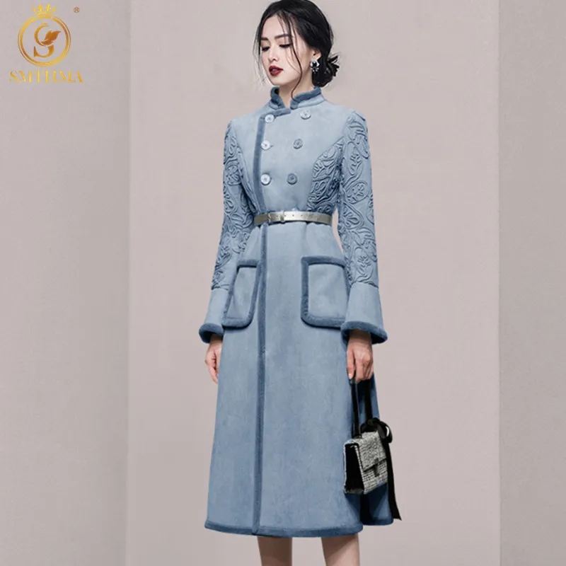 

SMTHMA New Fashion Winter Warm Vintage Lace Embroidery Patchwork Fur Coat Fashion Runway Style Elegant Windbreaker With Belt